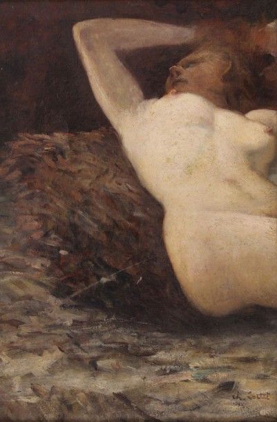 Charles COTTET (1863 - 1925) Femme allanguie. Huile sur toile signée en bas à droite...