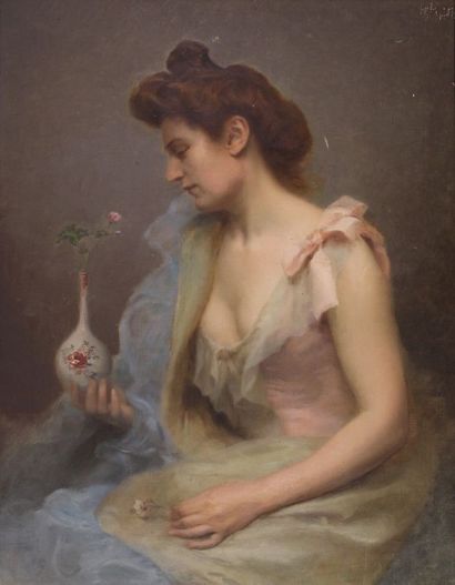 Emile VERNON (1872 - 1919) (attrib. à) Jeune femme aux pivoines, 1897. Huile sur...