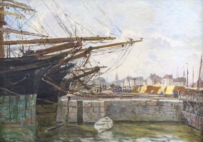 Edmond PETITJEAN (1844 - 1925) Vue du port de la Rochelle. Huile sur toile signée...