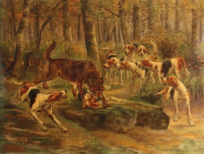 ECOLE FIN XIX - DÉBUT XXe SIÈCLE La chasse au loup. Huile sur toile. 51 x 65 cm