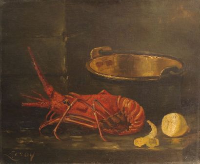 Charles LEROY (XIX - XXe siècle) Natures mortes au homard et aux prunes. Deux huiles...