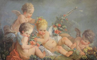 École du XIXe siècle Les angelots. Huile sur toile. 53 x 87 cm