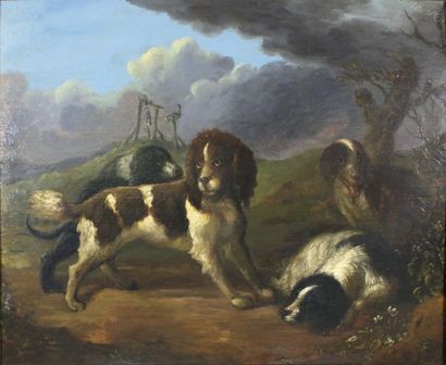 Johannes BEELDMAKER (attrib. À) (1630 - 1710) Quatre chiens de chasse. Panneau. Porte...