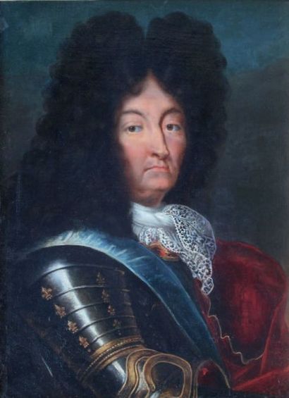 École FRANÇAISE du XVIIIe siècle Portrait de Louis XIV en armure. Peinture sur toile....