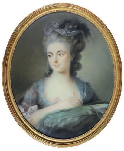 École du XIXe siècle Portrait de Marie-Antoinette brodant. Pastel à vue ovale. 59,5...