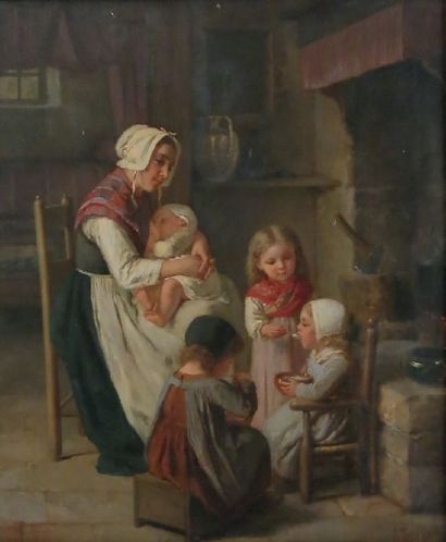 Jules TRAYER(1824 - 1908/09) Le souper des enfants. Huile sur panneau signé en bas...