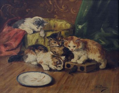 B. de BRUSSES (XIXe siècle) Chatons jouant avec une souris. Huile sur toile signée...