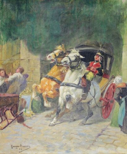 Georges Louis Charles BUSSON (1859 - 1933) Attelage effrayé. Huile sur toile signée...