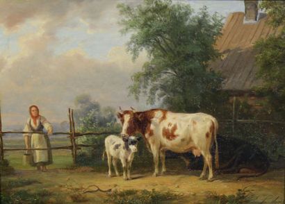 F. VINET (XIXe siècle) La gardienne de vaches. Huile sur panneau signé en bas à droite....