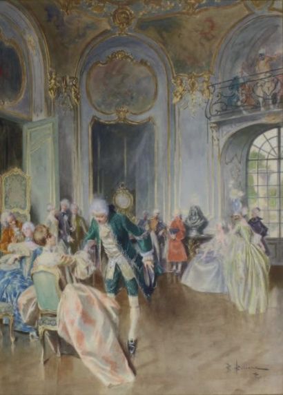 Bernard Louis BORIONE (1865 - ?) Scène de bal au XVIIIe siècle. Aquarelle et rehaut...