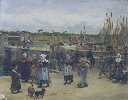 Alphonse Lucien GROS (1845 - 1913) Scène de port en Bretagne, 1899. Huile sur panneau...