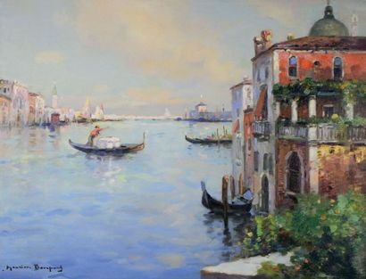 Maurice BOMPARD (1857 - 1936) Les terrasses sur le Grand Canal. Huile sur toile signée...