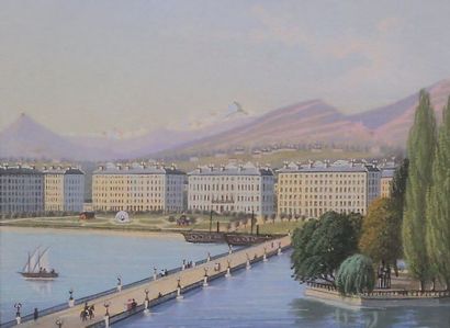 École du XXe siècle Paysage de Suisse au bord d'un lac. Gravure réhuassée de gouache....