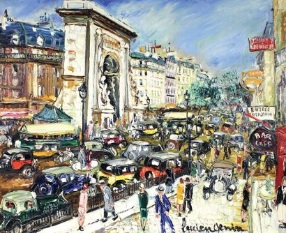 Lucien GENIN (1894 - 1953) Animation Porte Saint Martin. Huile sur toile signée en...