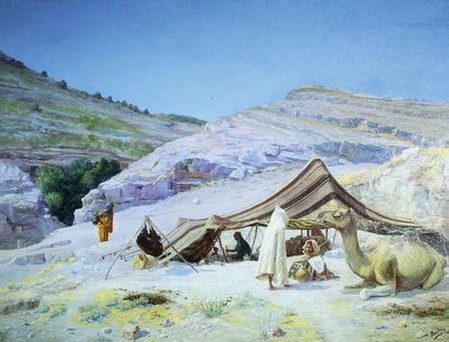 Alcide BARITEAU (XIXe - XXe siècle) Le campement berbère Huile sur toile signée en...