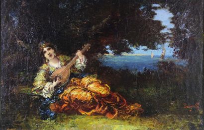 Frédéric BORGELLA (1833 - 1901) Orientale au luth. Huile sur toile signée en bas...