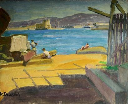 Etienne BOUCHAUD (1898 - 1989) Sur les quais à Alger. Huile sur toile, signée en...