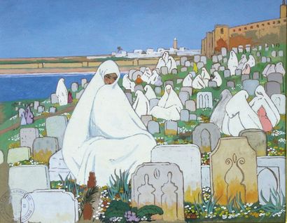 Marguerite BARRIERE-PREVOST (XXe siècle) Cimetière marocain. Gouache, cachet de l'atelier...