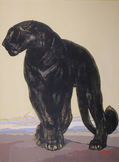 Paul JOUVE (1878 - 1973) Panthère noire debout, c. 1927. Lithographie originale en...