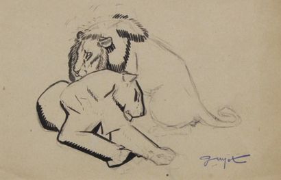 Georges-Lucien GUYOT (1885 - 1973) Lion et lionne. Dessin à la mine de plomb et encre...
