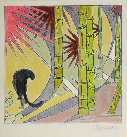 Gaston SUISSE (1896 - 1988) Panthère noire, 1926. Gravure sur bois, épreuve rehaussée...