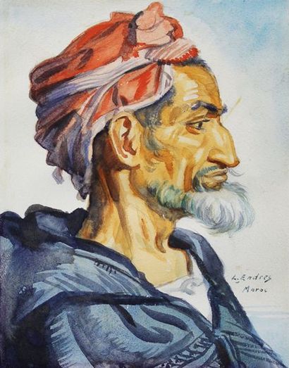 Louis-John ENDRES (1896-1989) Profil de Marocain. Aquarelle signée et située en bas...