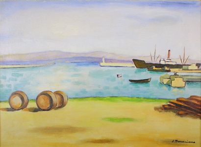 Sauveur TERRACCIANO (1908 - 1981) Port d'Alger, les quais. Huile sur toile signée...