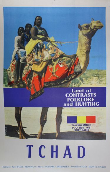 TCHAD Land of contrats, Folklore and Hunting. Affiche representant trois femmes sur...