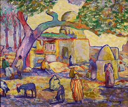 Patten WILSON (1868 - 1928) Scène de marché en Egypte. Huile sur toile signée en...