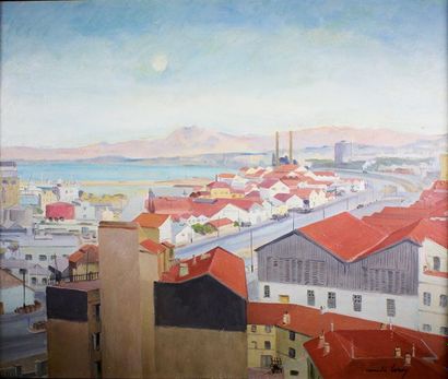 Camille LEROY (1905-1995) Port d'Alger, vue d'Hussein Dey. Huile sur panneau signé...