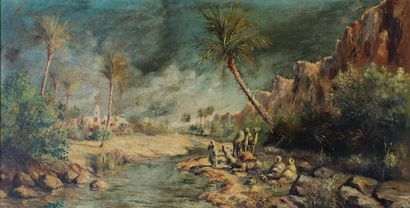 Louis MAISONNEUVE (? - 1926) Paysage d'oasis. Huile sur toile signée en bas à droite....