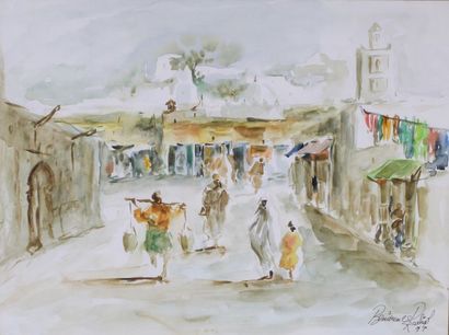 Rachid BENIOUNES (XXe siècle) Vue de village au Moyen-Orient, 1994. Aquarelle signée...