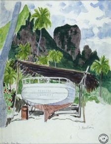 Jacques BOULLAIRE (1893 - 1976) Le côtre Tereora Vaitape à Bora Bora. Aquarelle et...