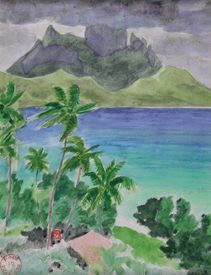 Jacques BOULLAIRE (1893 - 1976) Bora Bora vu de Piti u Tai. Aquarelle et mine de...