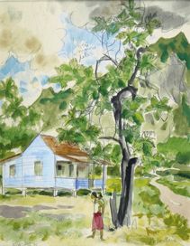 Jacques BOULLAIRE (1893 - 1976) Le bungalow bleu, Faatoai, 1951. Aquarelle, gouache...
