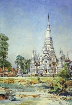 Paul BONNIGAL Temple de Wat Botoum Bodey, Phnom Pen. Aquarelle située en bas à gauche,...