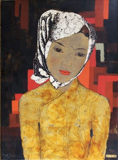 Alix AYME (1894 - 1989) Portrait de Thi-Nam. Très beau panneau de laque polychrome,...