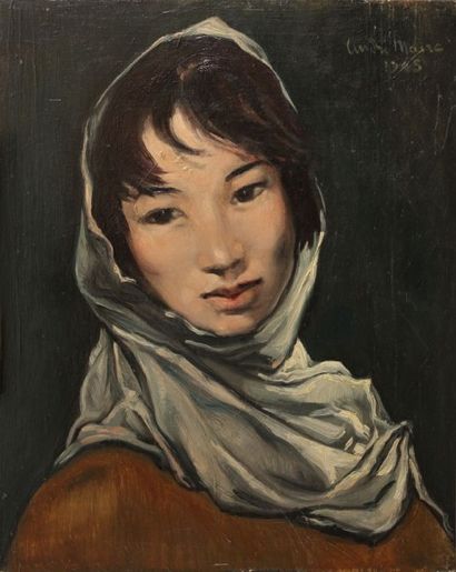 André MAIRE (1898 - 1984) Portrait de jeune Vietnamienne au foulard, 1955. Huile...