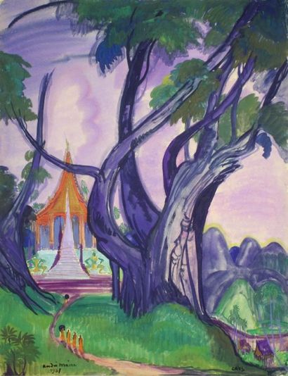 André MAIRE (1898 - 1984) Les moines à Luang Prabang (Laos), 1957. Gouache sur papier,...
