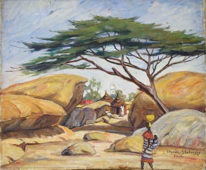 Zbynek STOLOVSKY (1909 - 1956) Vue de ZINDER (Nigeria). Huile sur toile marouflée...