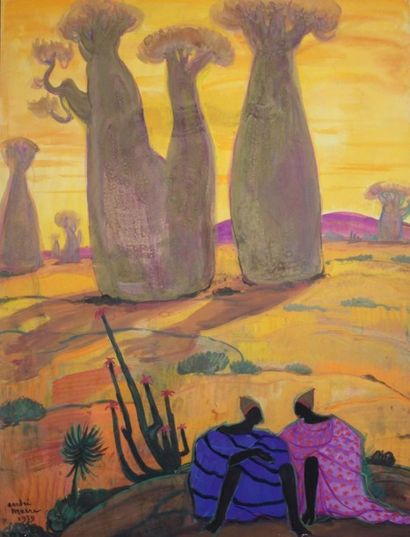 André MAIRE (1898 - 1984) Conversation sous les baobabs, 1959. Gouache sur papier...