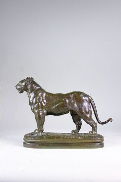 Antoine Louis Barye (1796-1875) Lionne au Sénégal. Epreuve en bronze à patine brun...
