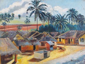 Marcel BUCHAILLE (1903-1986) Village camerounais Huile sur panneau signé en bas à...