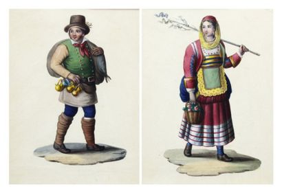 École du XIXe siècle Couple de personnages folkloriques. Paire de gouaches. 21 x...