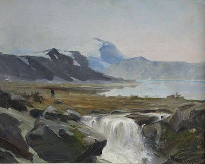 Olaf KROHN (1863 - 1933) Paysage lacustre suédois, 1885. Huile sur toile signée et...