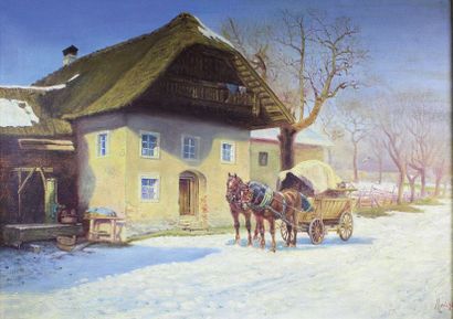 Ecole allemande fin XIXe - début XXe siècle Chaumière sous la neige. Huile sur toile...