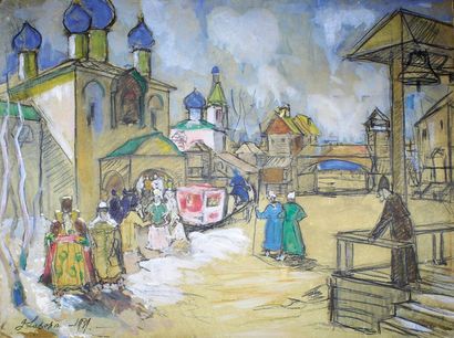 Georges LAPCHINE (1885-1950) La Russie ancienne. Gouache sur carton signé en bas...