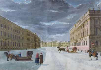 École RUSSE du XIXe siècle Troïka sur la place de Saint Petersbourg devant la gare...