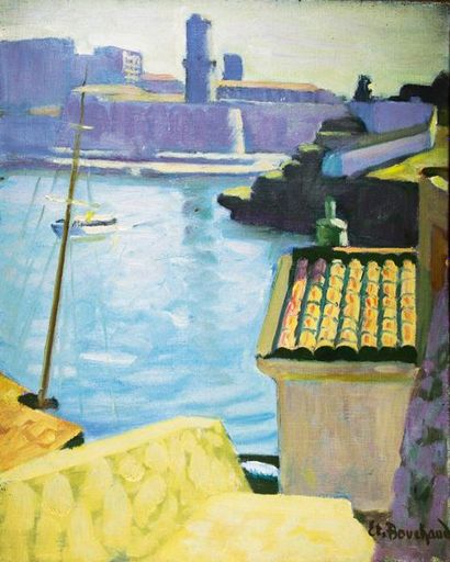 Etienne BOUCHAUD (1898 - 1989) Vue de Marseille, fort Saint-Jean. Huile sur toile,...