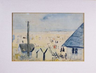Jean LAUNOIS (1898 - 1942) Plage de Saint-Jean-de-Monts, Vendée (?). Encre et aquarelle...